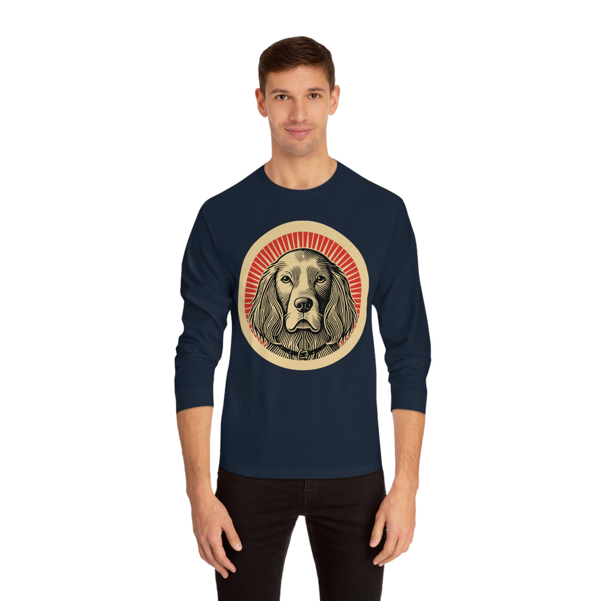 English Setter badge art in a ring of red rays on a long-sleeve tee