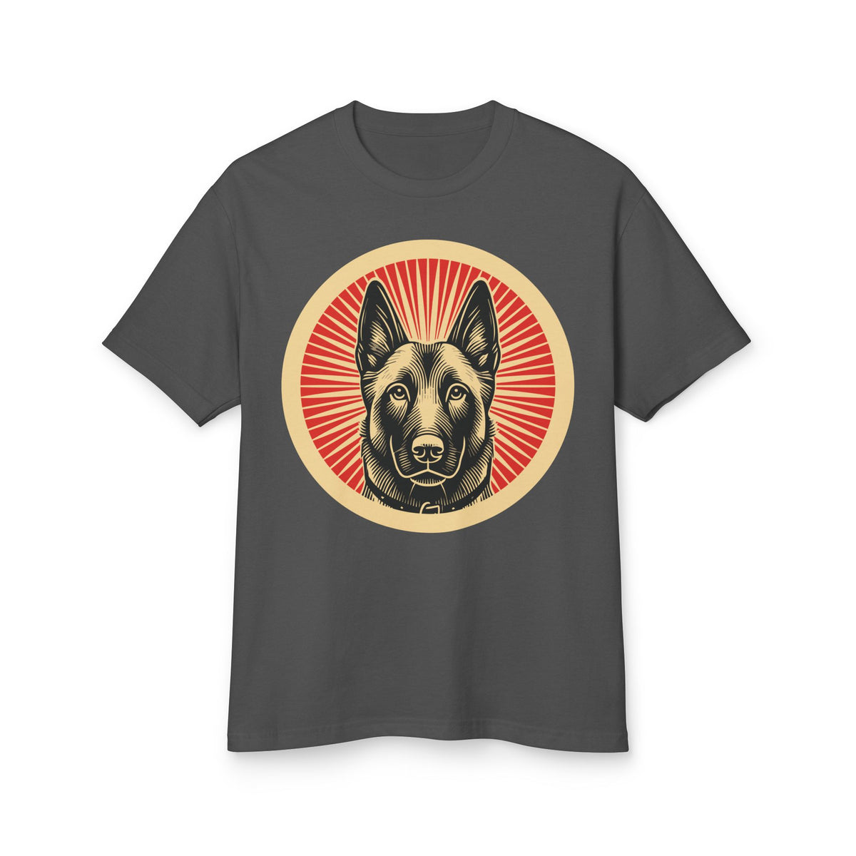 Belgian Malinois badge art in a ring of red rays on a heavyweight tee