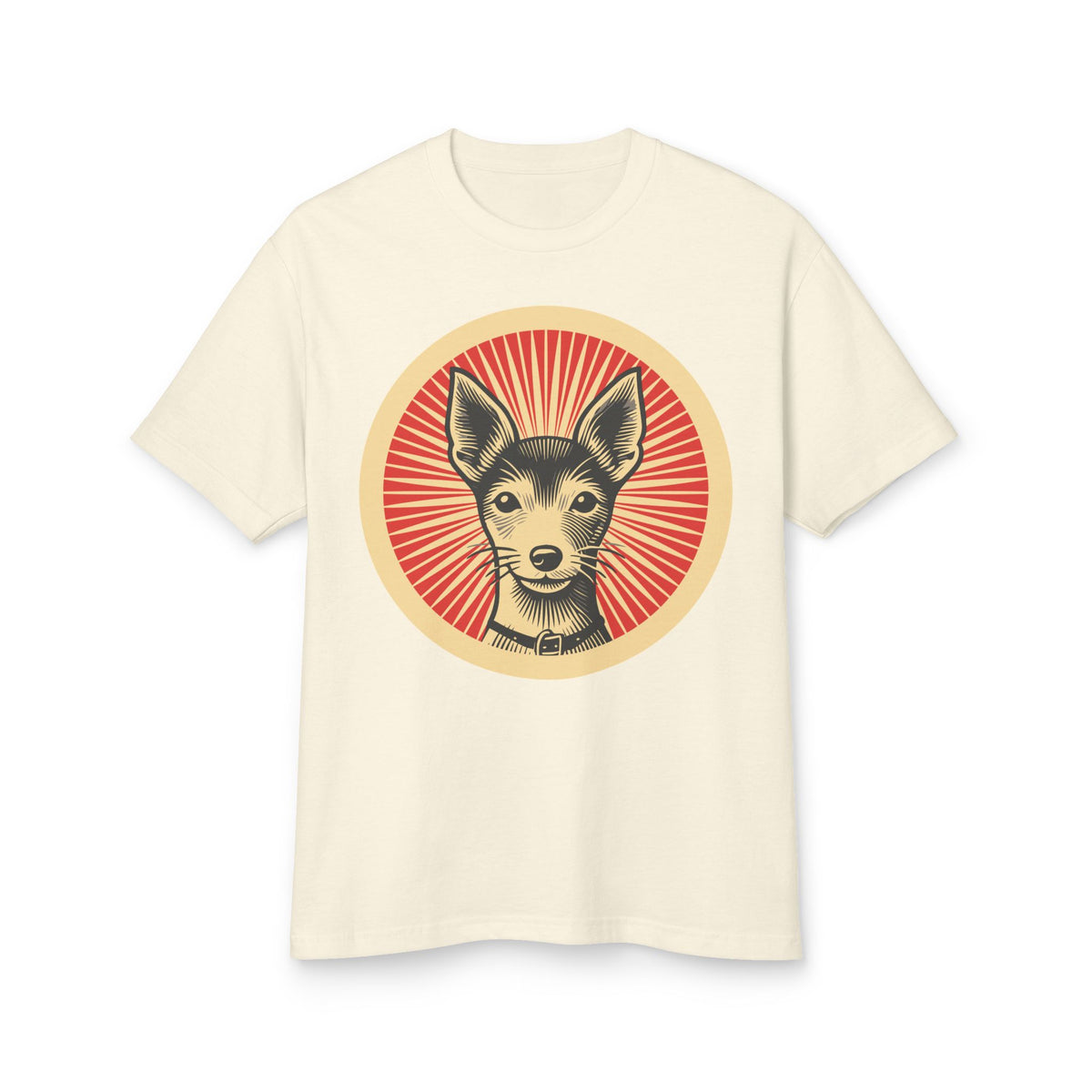 Toy Fox Terrier badge art in a ring of red rays on a heavyweight tee