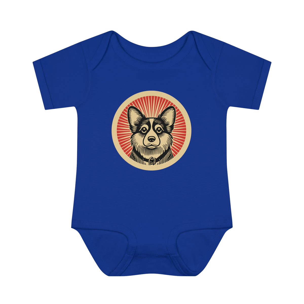 Corgipoo badge art in a ring of red rays on a baby bodysuit