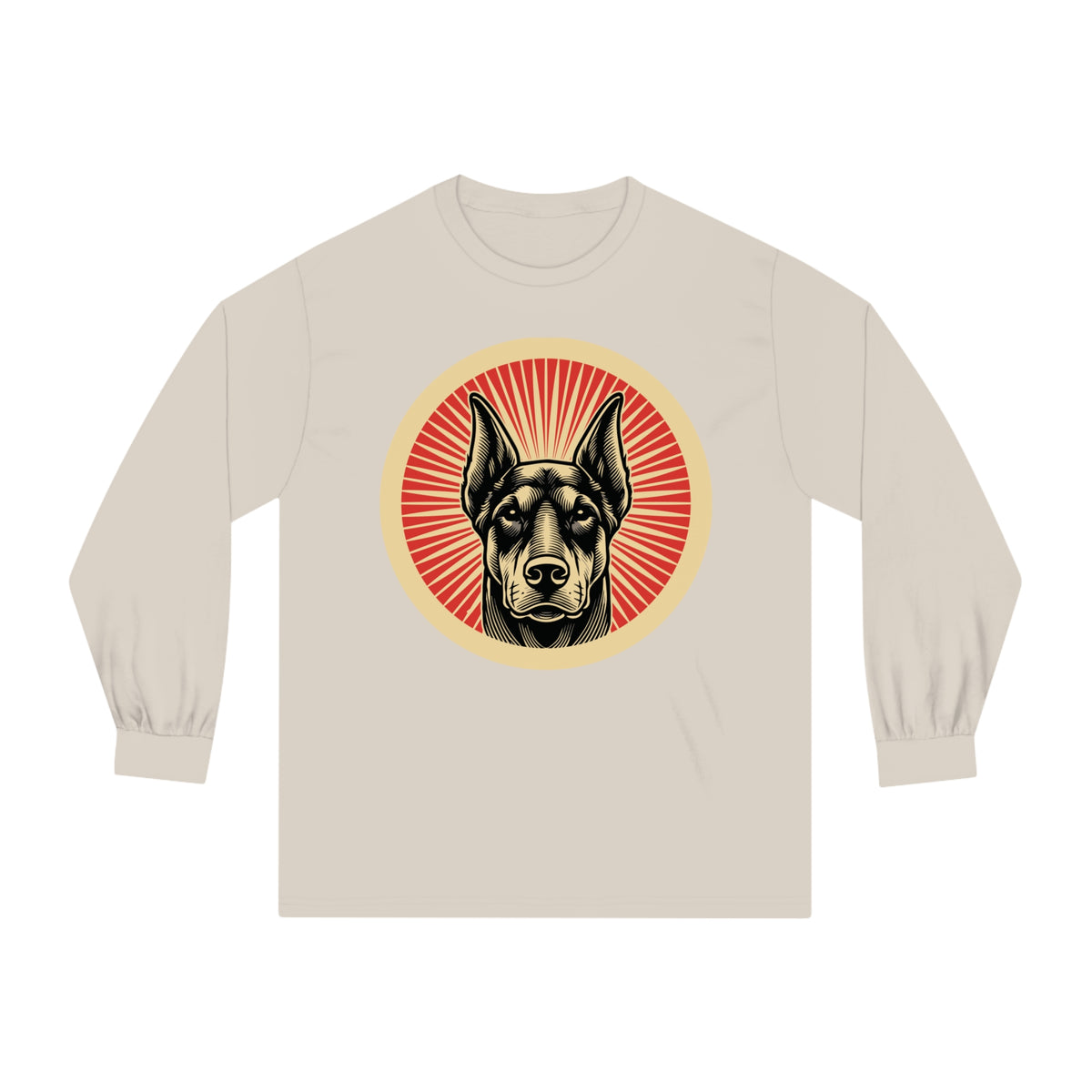Doberman Pinscher badge art in a ring of red rays on a long-sleeve tee