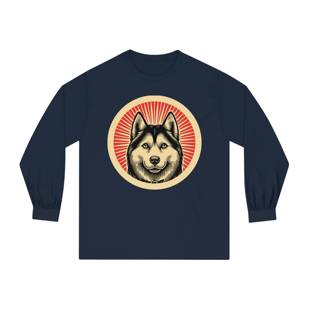 Siberian Husky badge art in a ring of red rays on a long-sleeve tee