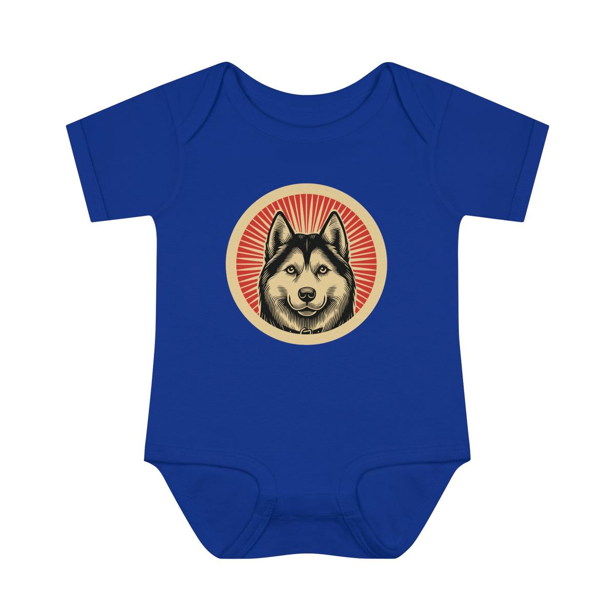 Siberian Husky badge art in a ring of red rays on a baby bodysuit