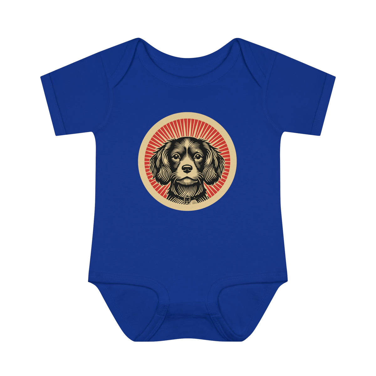 Cavachon badge art in a ring of red rays on a baby bodysuit
