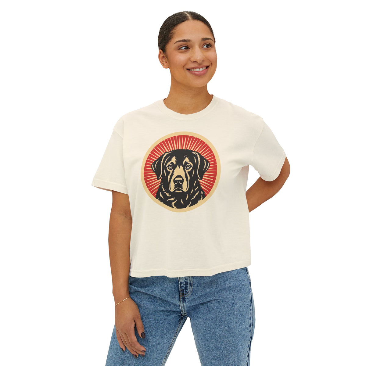 Chesapeake Bay Retriever badge art in a ring of red rays on a boxy tee
