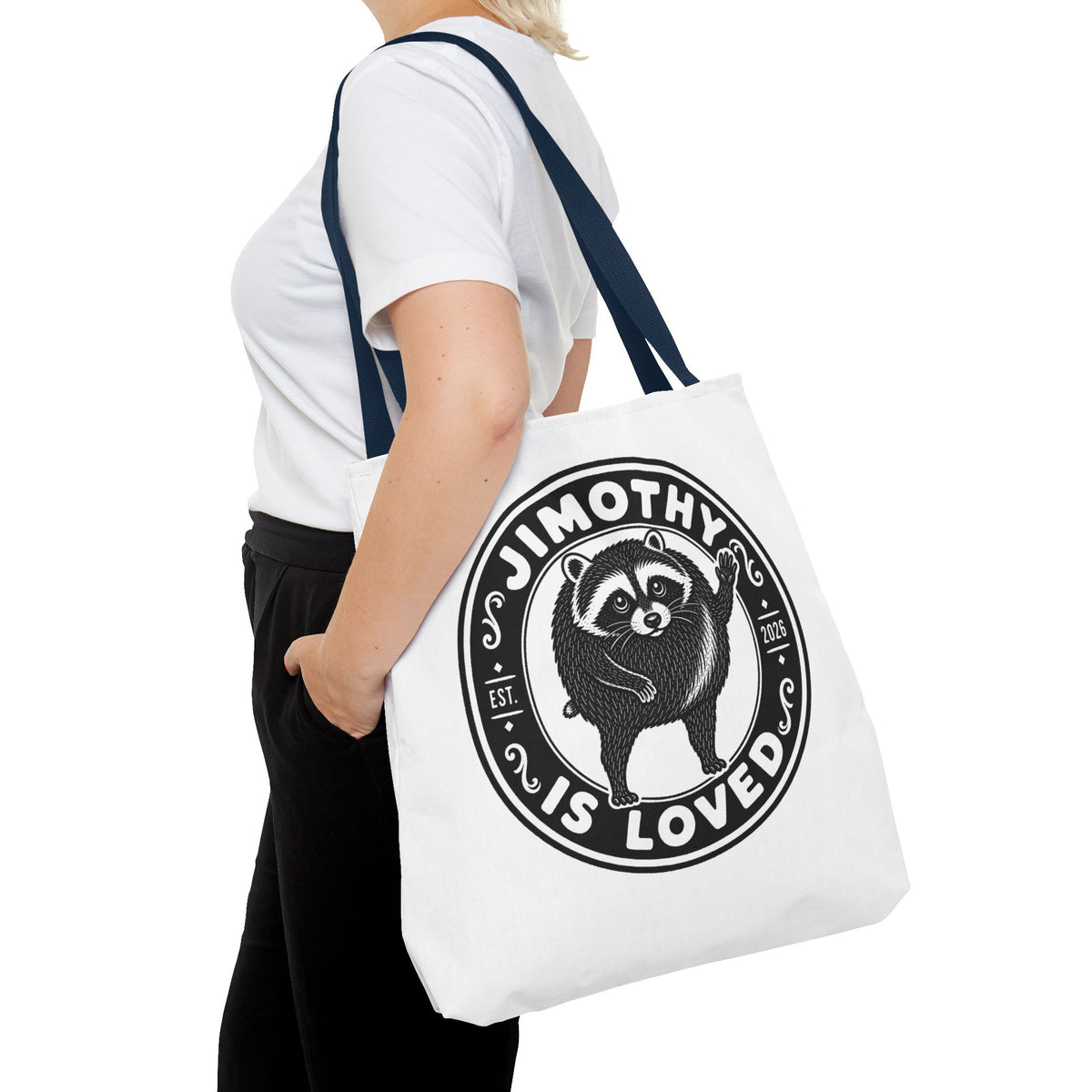 Personalized Raccoon Tote — "Jimothy Is Loved" Graphic Tote Bag
