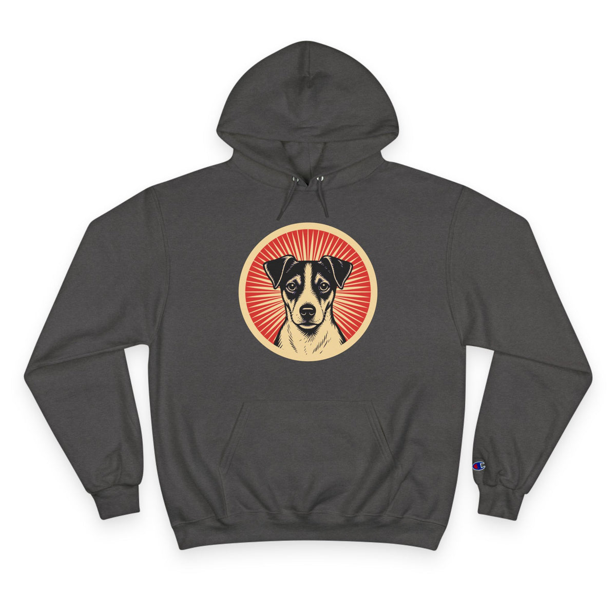 Jack Russell Terrier badge art in a ring of red rays on a champion hoodie