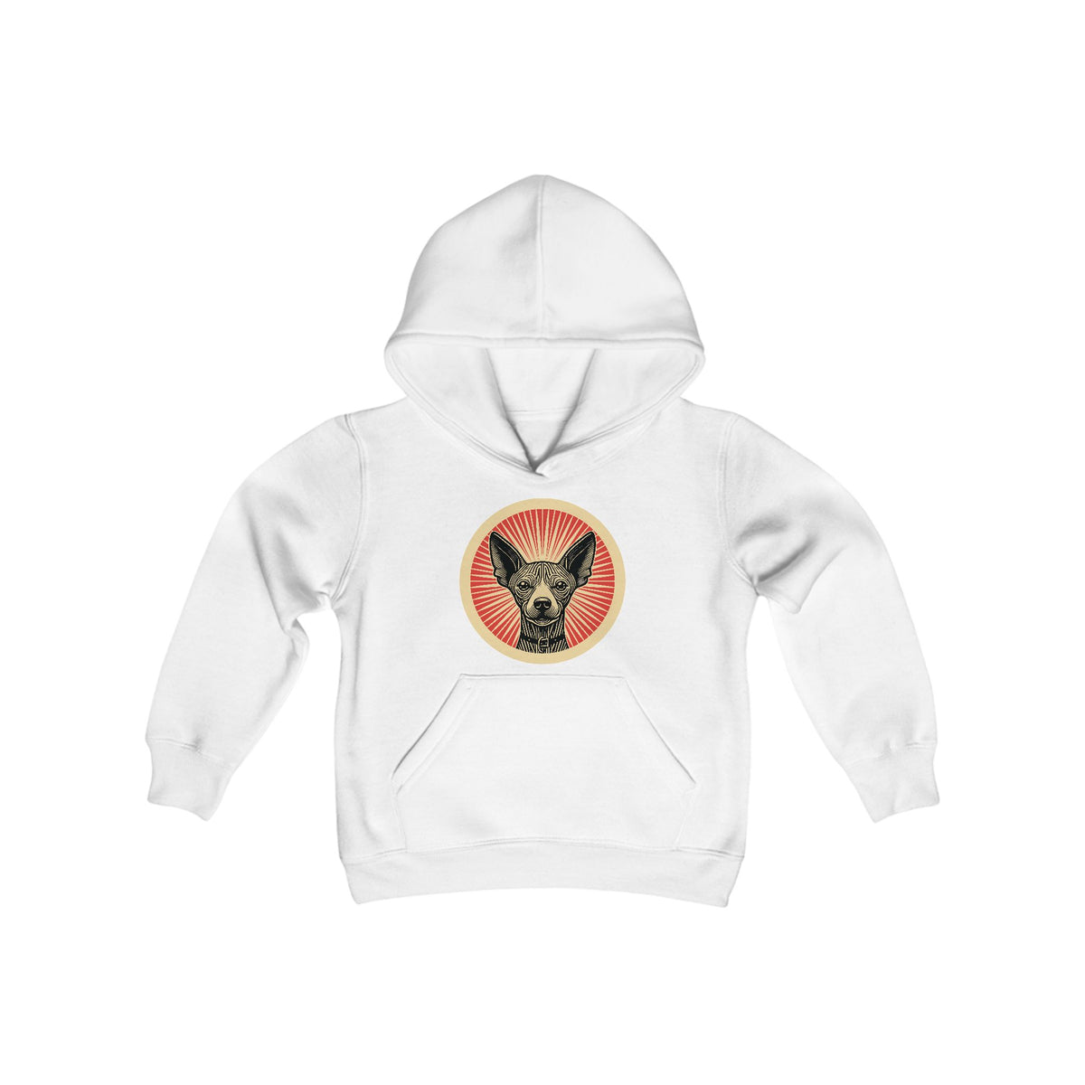 Xoloitzcuintle badge art in a ring of red rays on a kids' hoodie