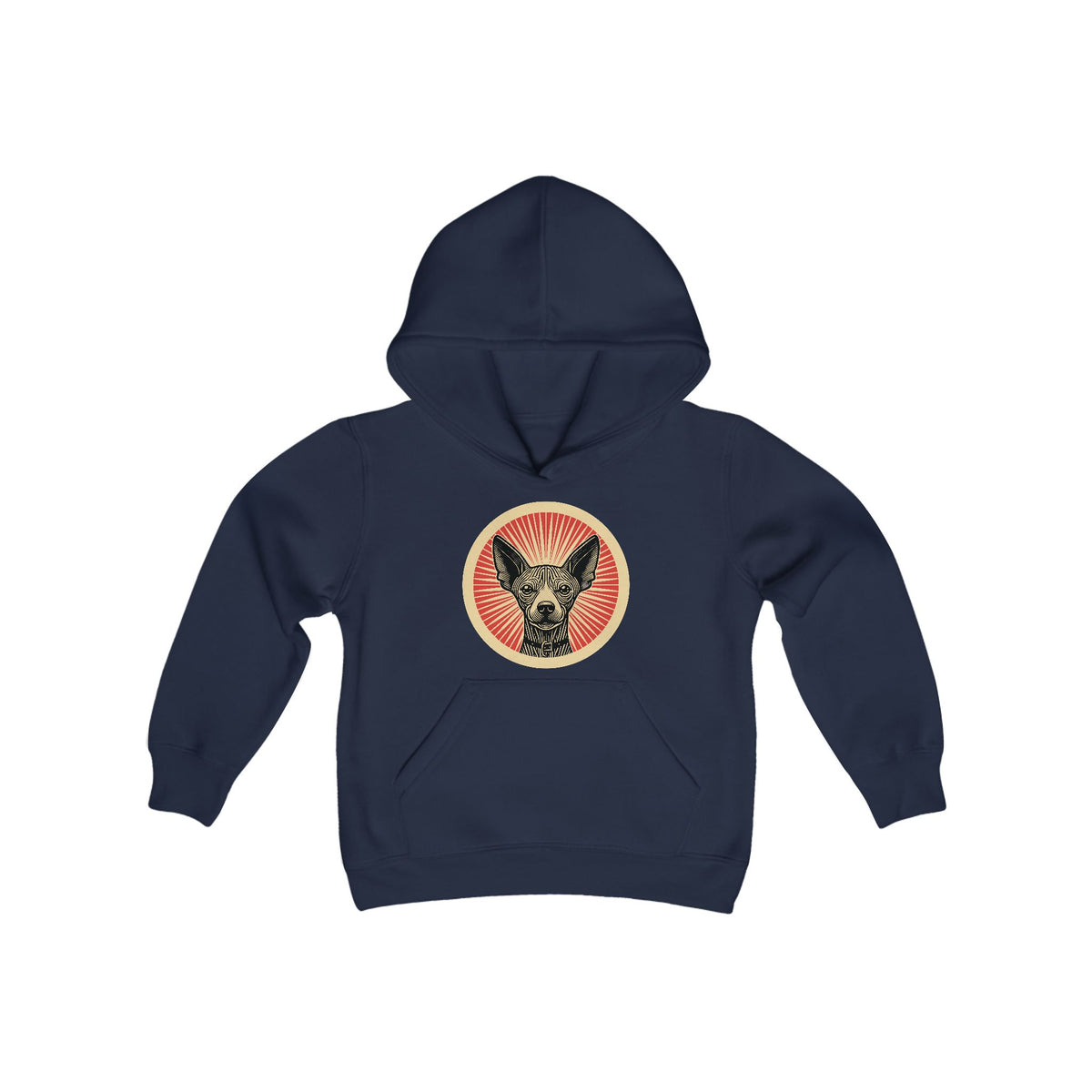 Xoloitzcuintle badge art in a ring of red rays on a kids' hoodie
