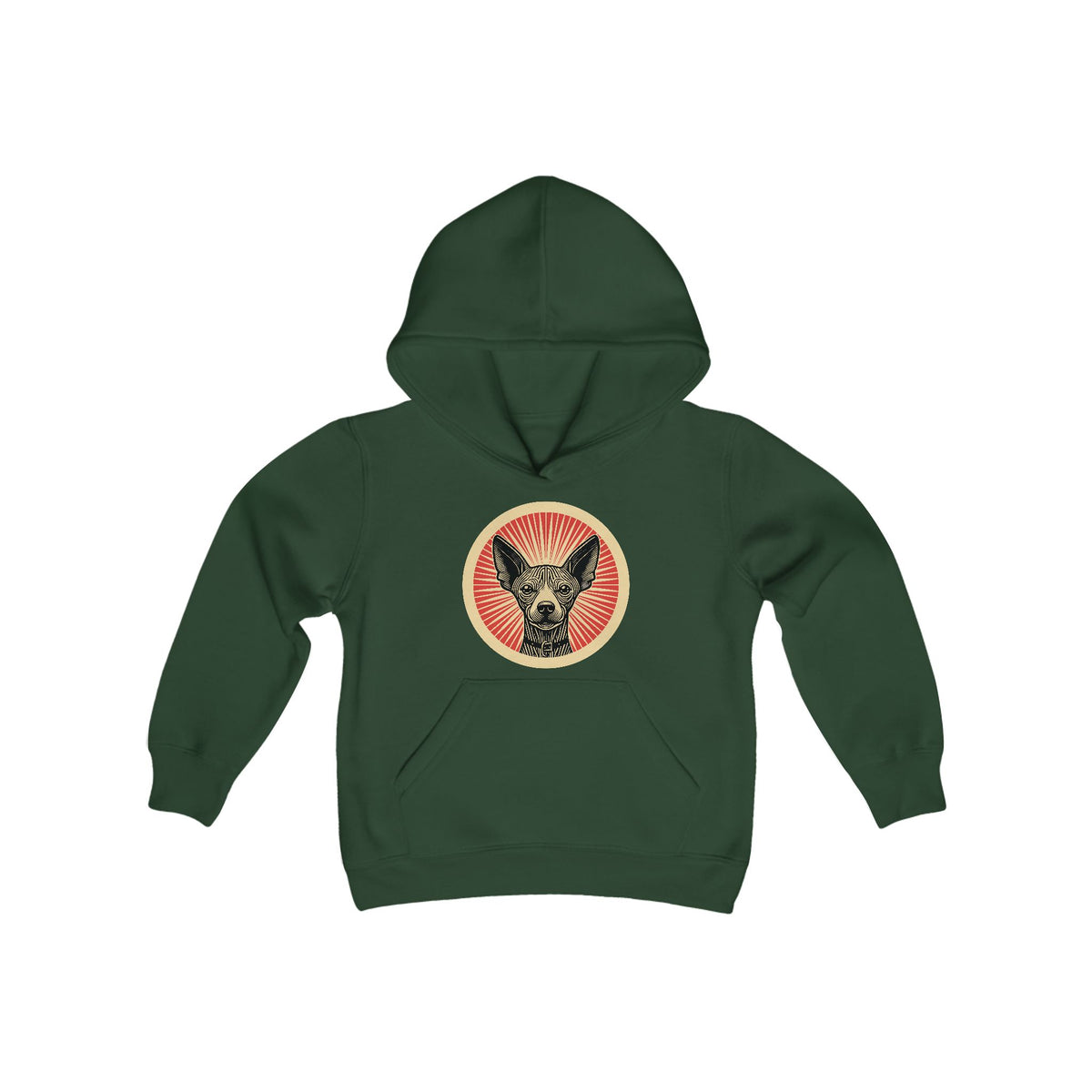 Xoloitzcuintle badge art in a ring of red rays on a kids' hoodie