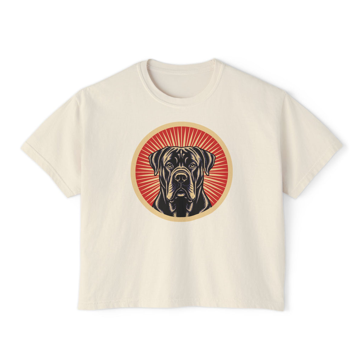 Cane Corso badge art in a ring of red rays on a boxy tee