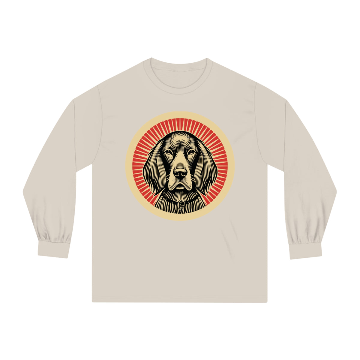 Irish Setter badge art in a ring of red rays on a long-sleeve tee