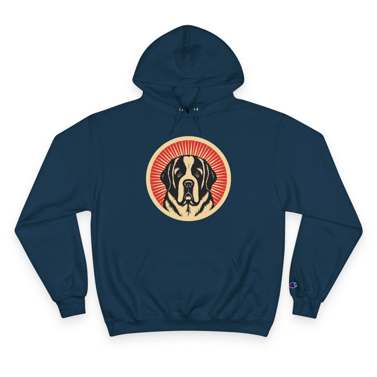 Saint Bernard badge art in a ring of red rays on a champion hoodie