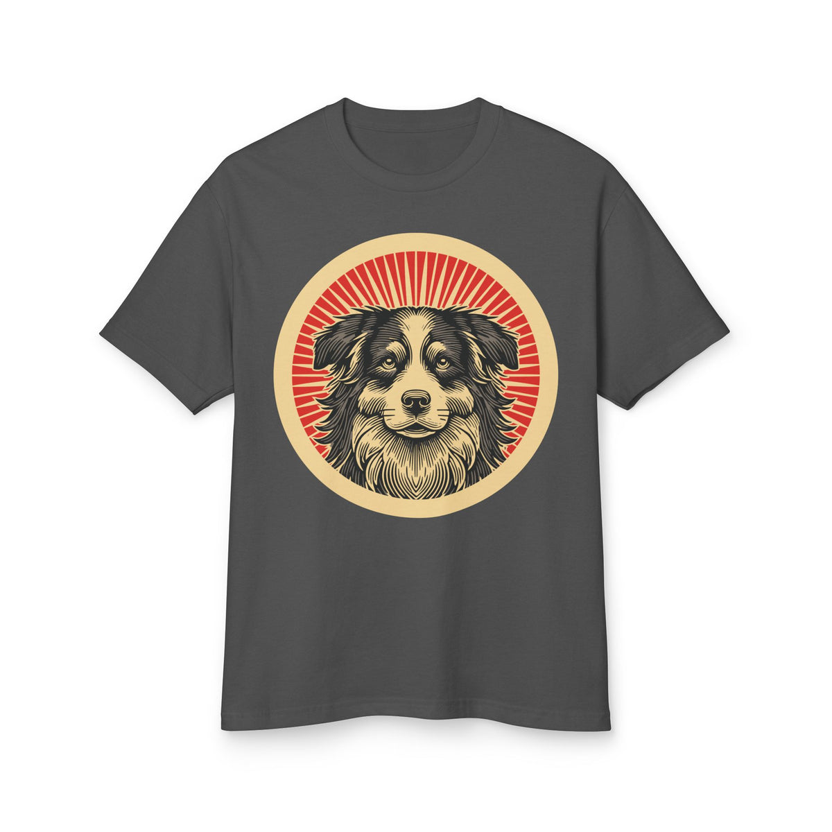 Border Collie badge art in a ring of red rays on a heavyweight tee