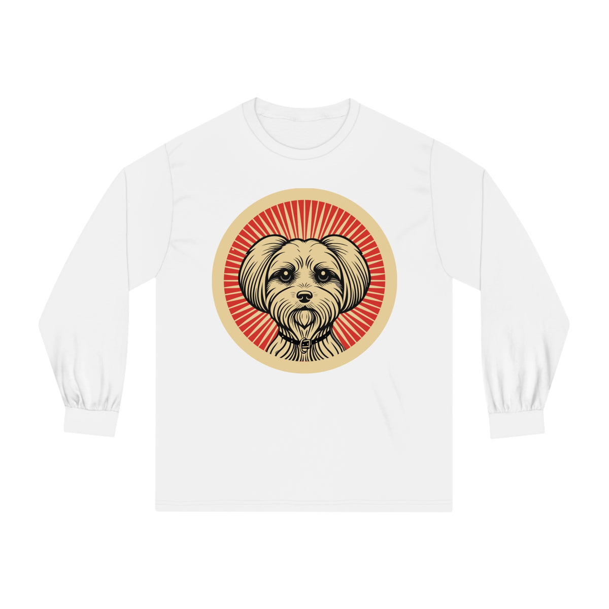 Maltese badge art in a ring of red rays on a long-sleeve tee