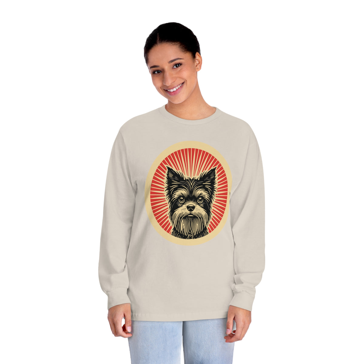 Affenpinscher badge art in a ring of red rays on a long-sleeve tee