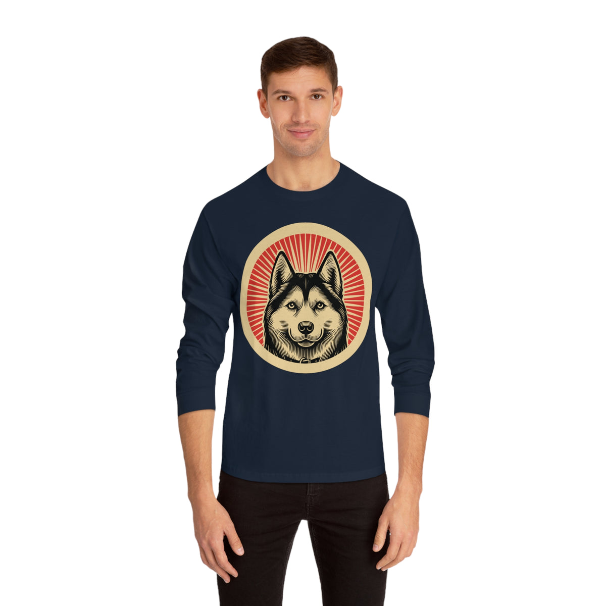 Siberian Husky badge art in a ring of red rays on a long-sleeve tee
