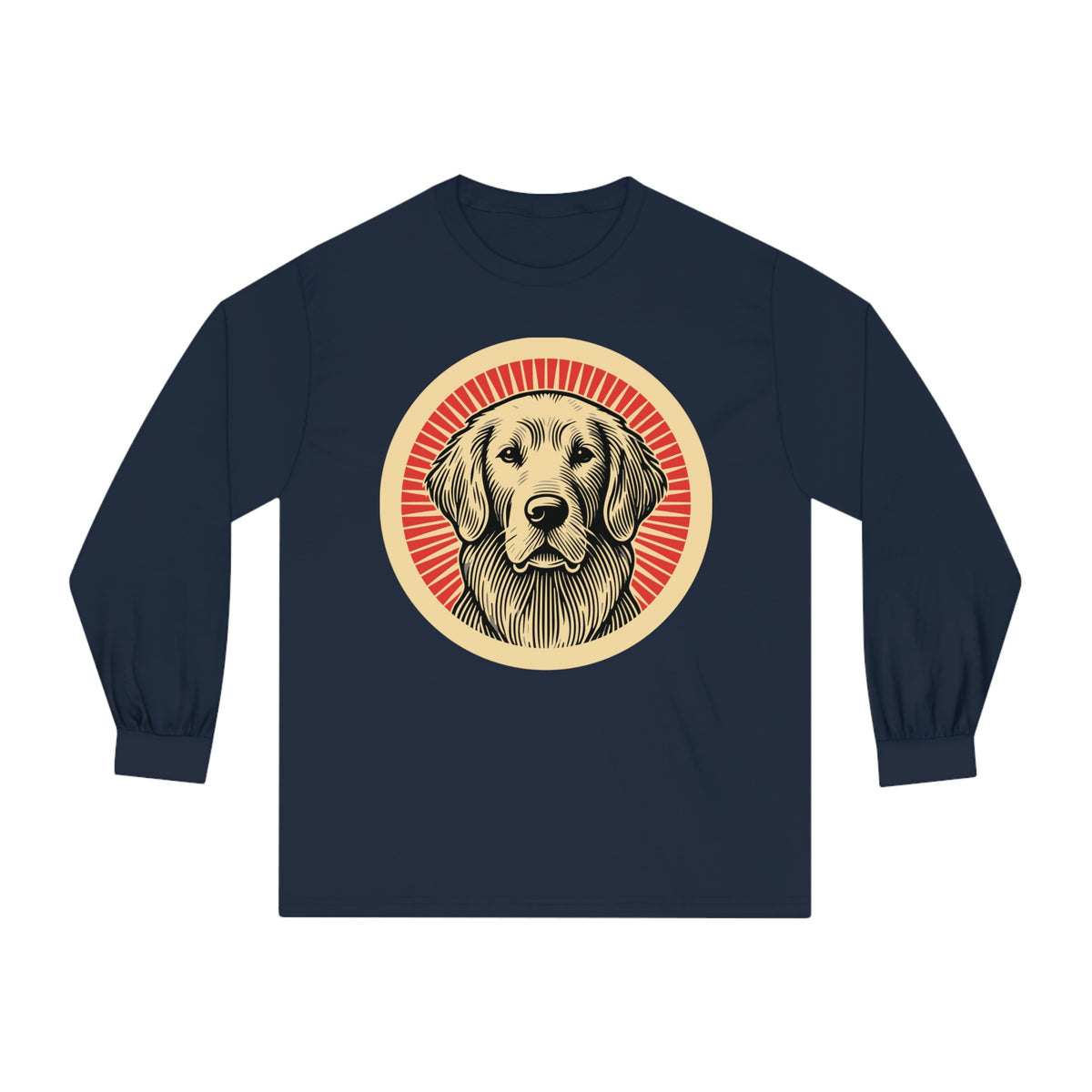 Golden Retriever badge art in a ring of red rays on a long-sleeve tee