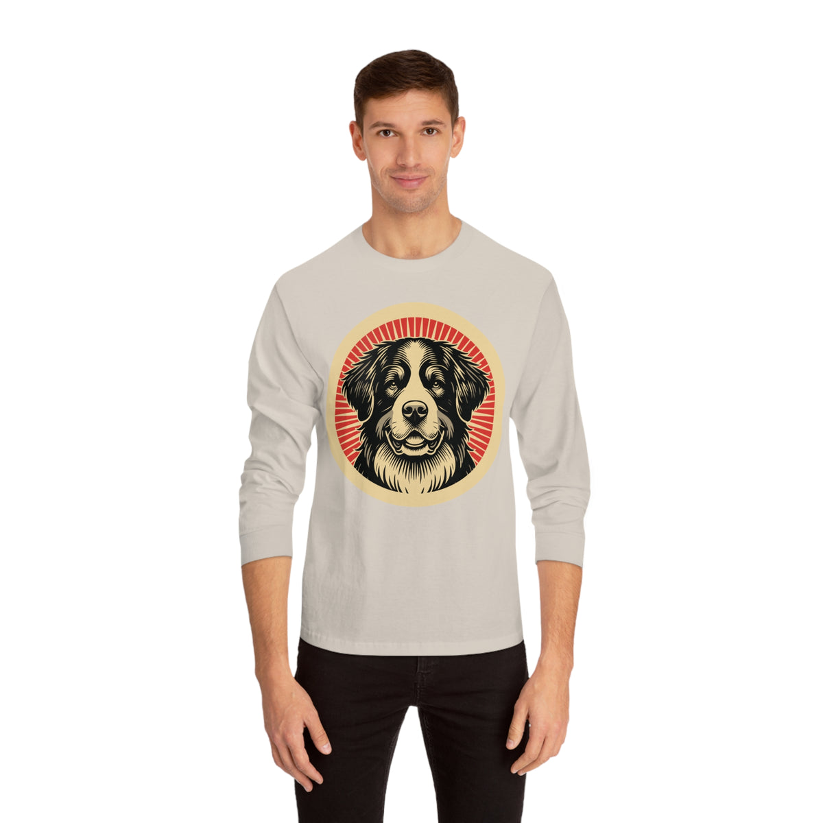 Bernese Mountain Dog badge art in a ring of red rays on a long-sleeve tee