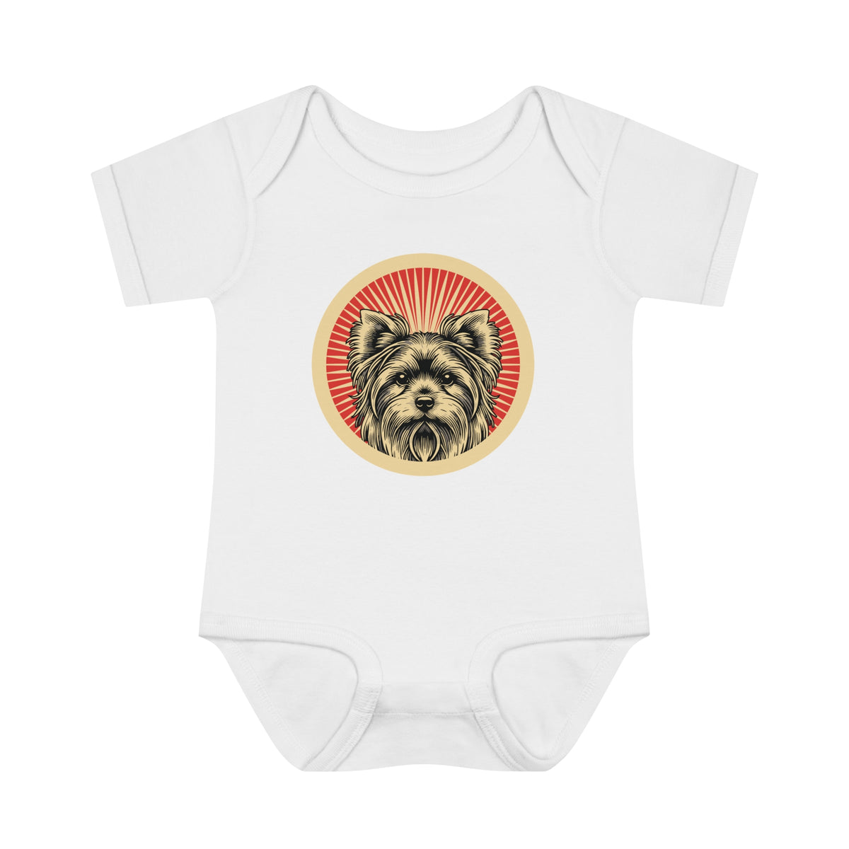 Yorkshire Terrier badge art in a ring of red rays on a baby bodysuit
