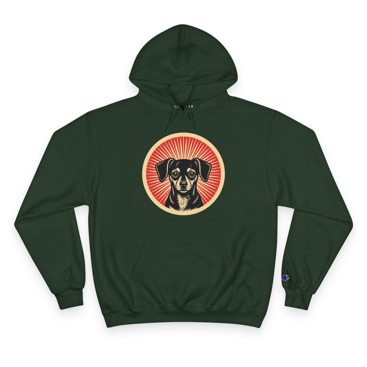 Chiweenie badge art in a ring of red rays on a champion hoodie