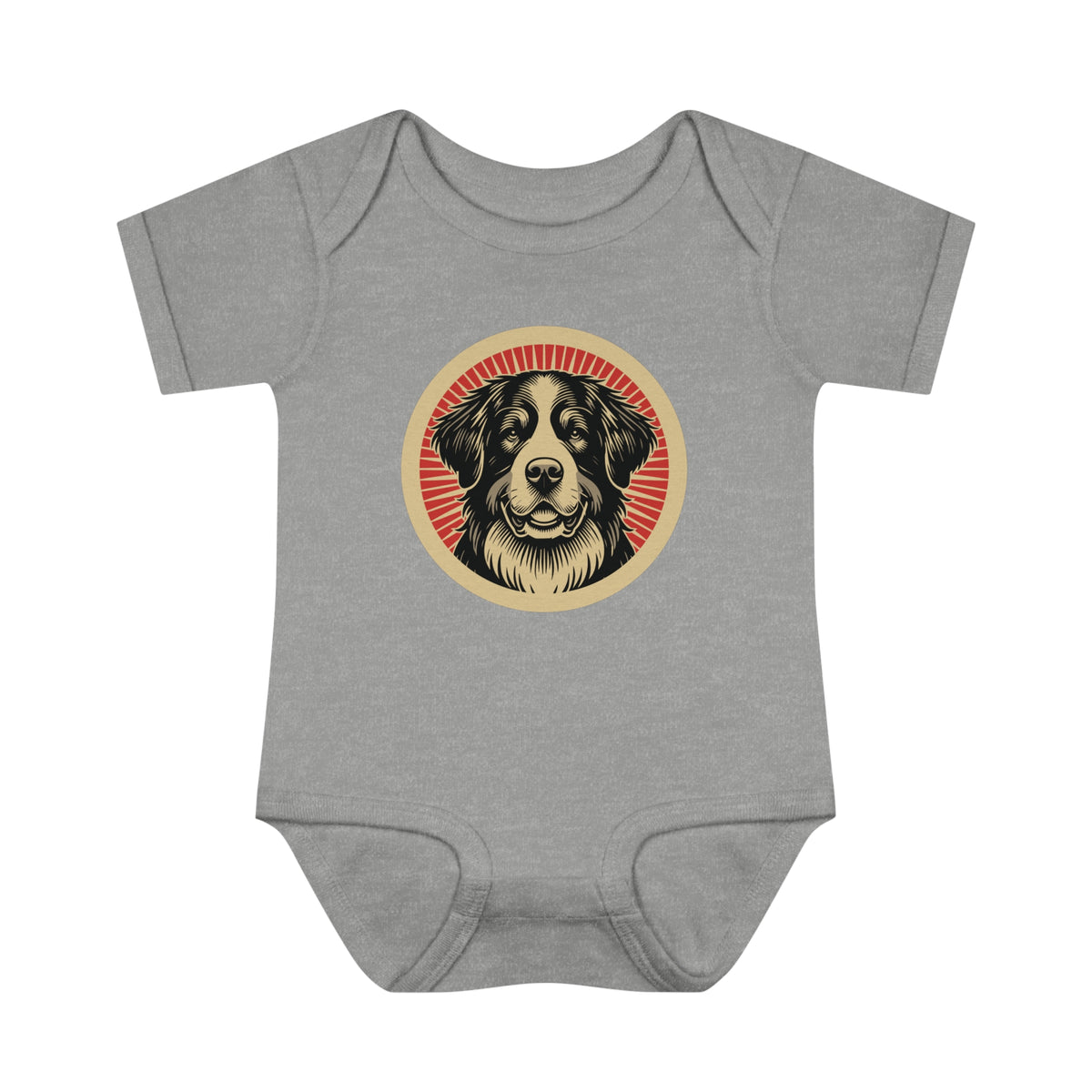 Bernese Mountain Dog badge art in a ring of red rays on a baby bodysuit