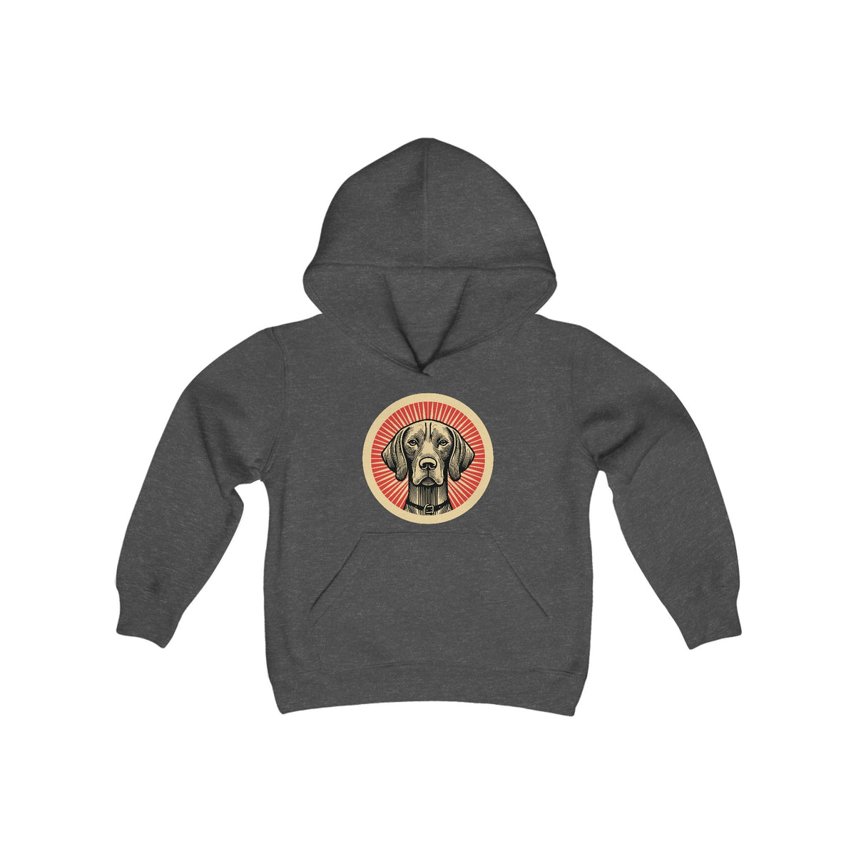 Vizsla badge art in a ring of red rays on a kids' hoodie