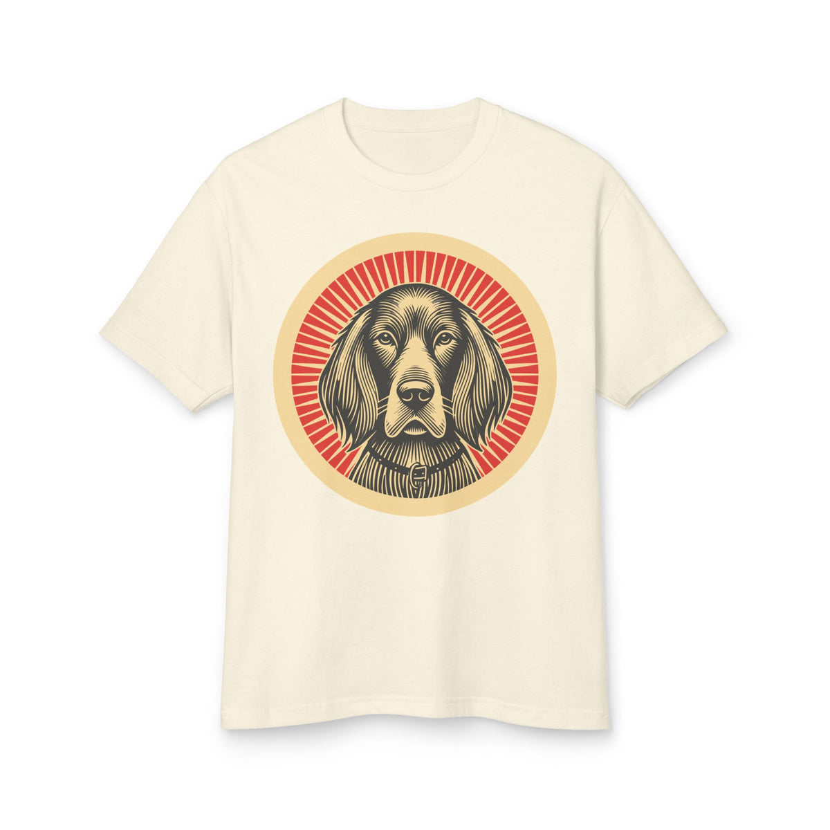 Irish Setter badge art in a ring of red rays on a heavyweight tee