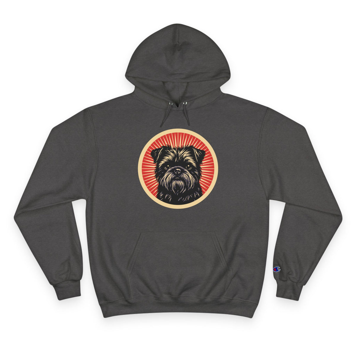 Affenpinscher badge art in a ring of red rays on a champion hoodie