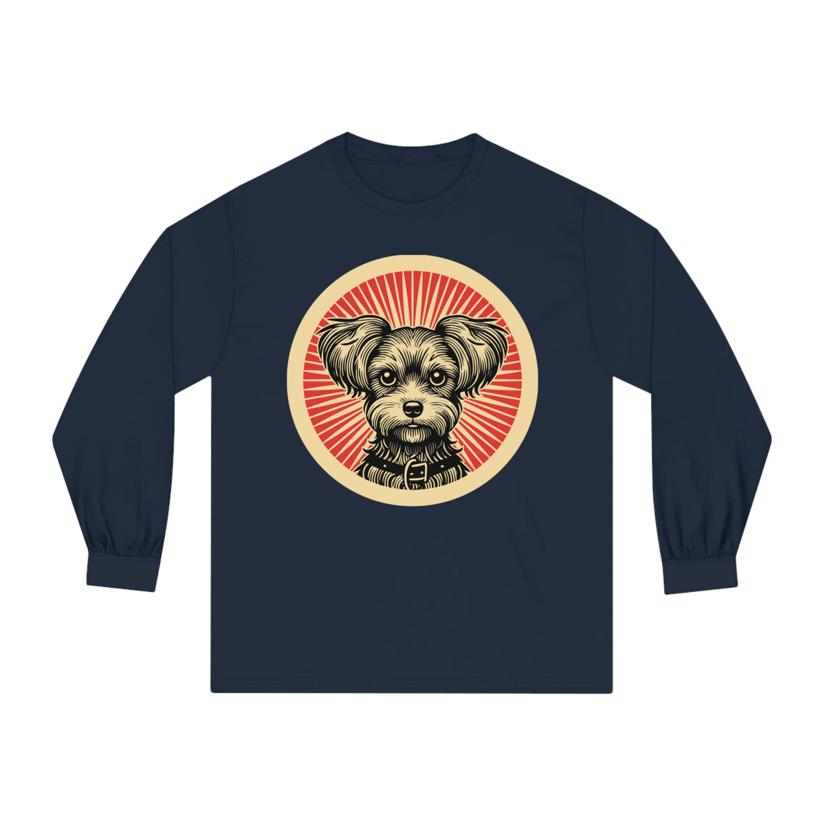 Yorkipoo badge art in a ring of red rays on a long-sleeve tee