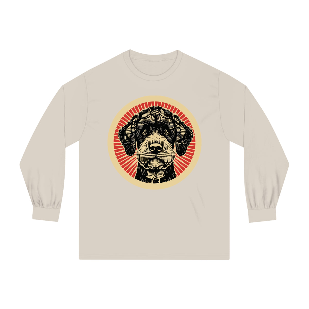 Boxerdoodle badge art in a ring of red rays on a long-sleeve tee