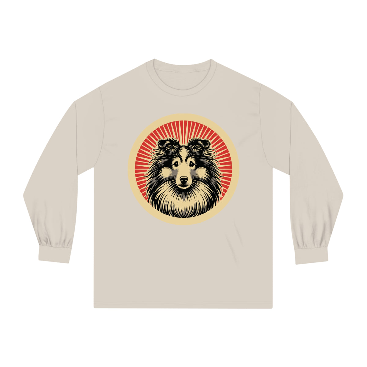 Shetland Sheepdog badge art in a ring of red rays on a long-sleeve tee