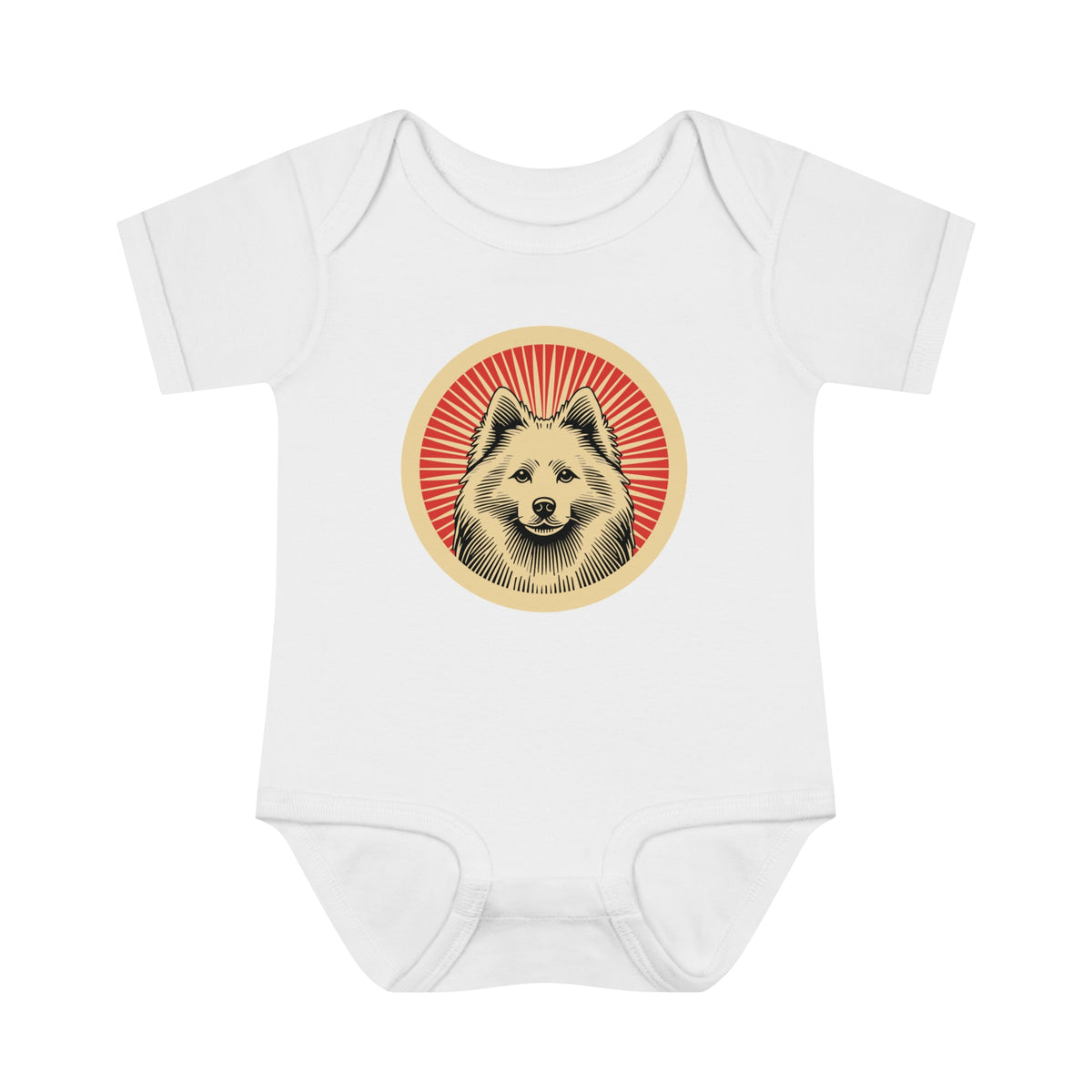 American Eskimo Dog badge art in a ring of red rays on a baby bodysuit