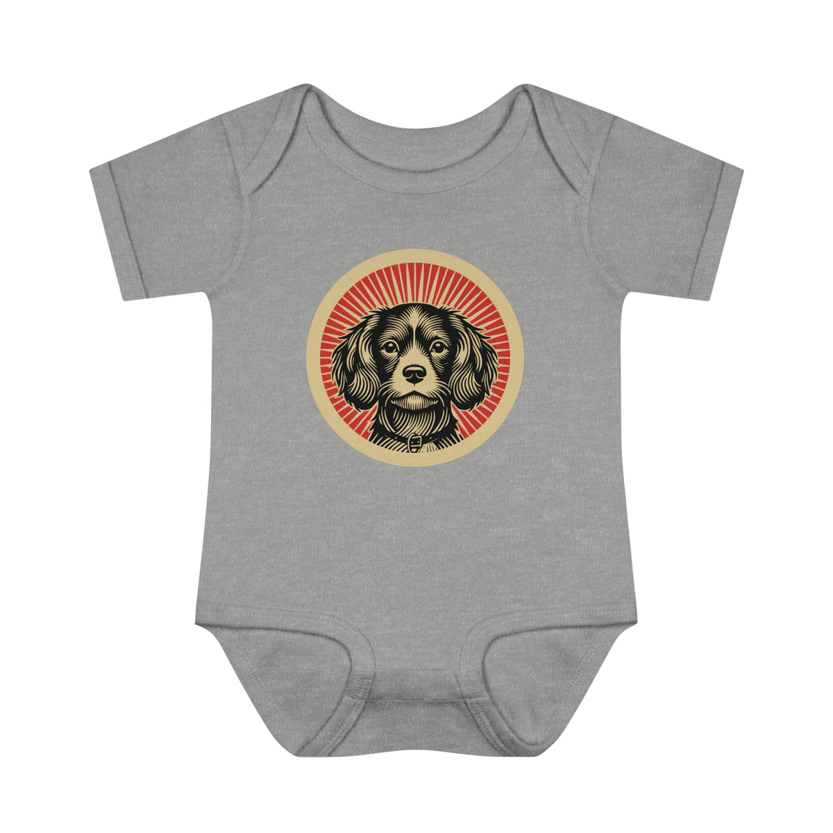 Cavachon badge art in a ring of red rays on a baby bodysuit