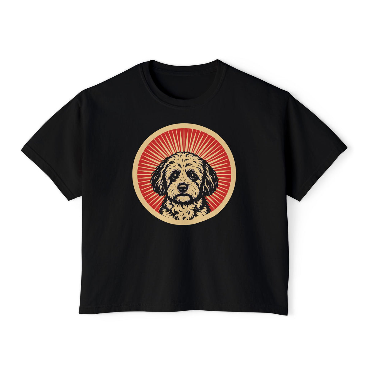 Poochon badge art in a ring of red rays on a boxy tee
