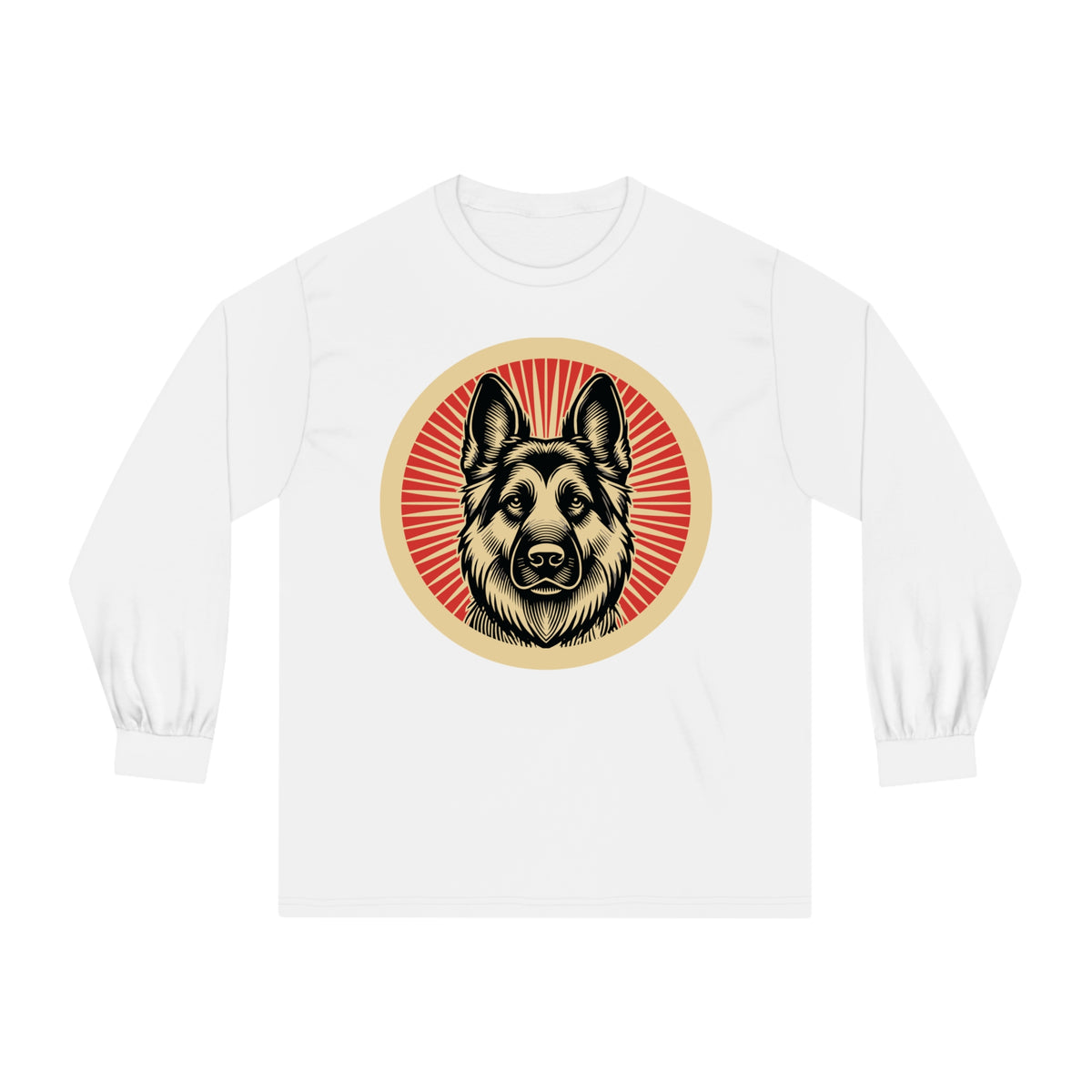 German Shepherd badge art in a ring of red rays on a long-sleeve tee
