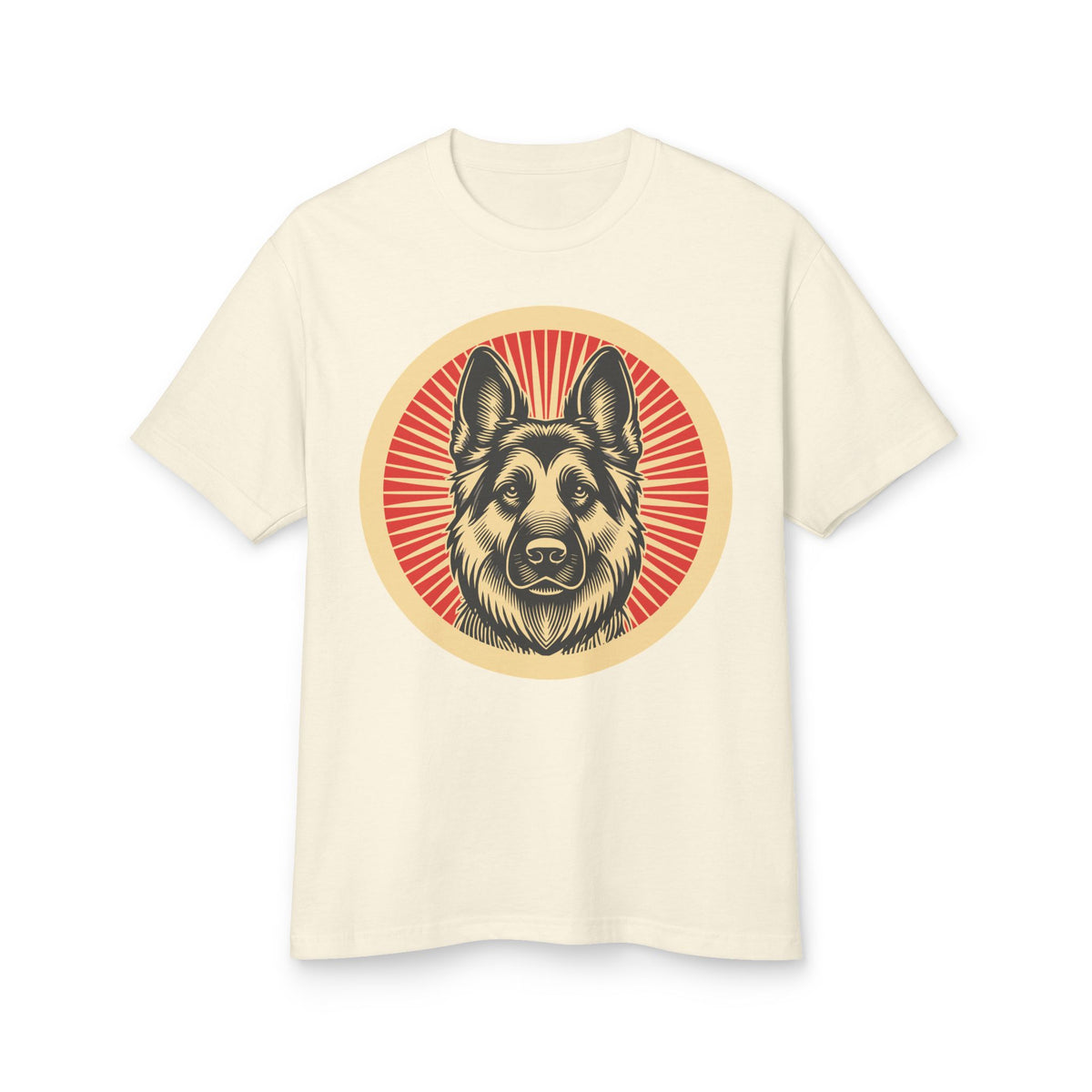 German Shepherd badge art in a ring of red rays on a heavyweight tee