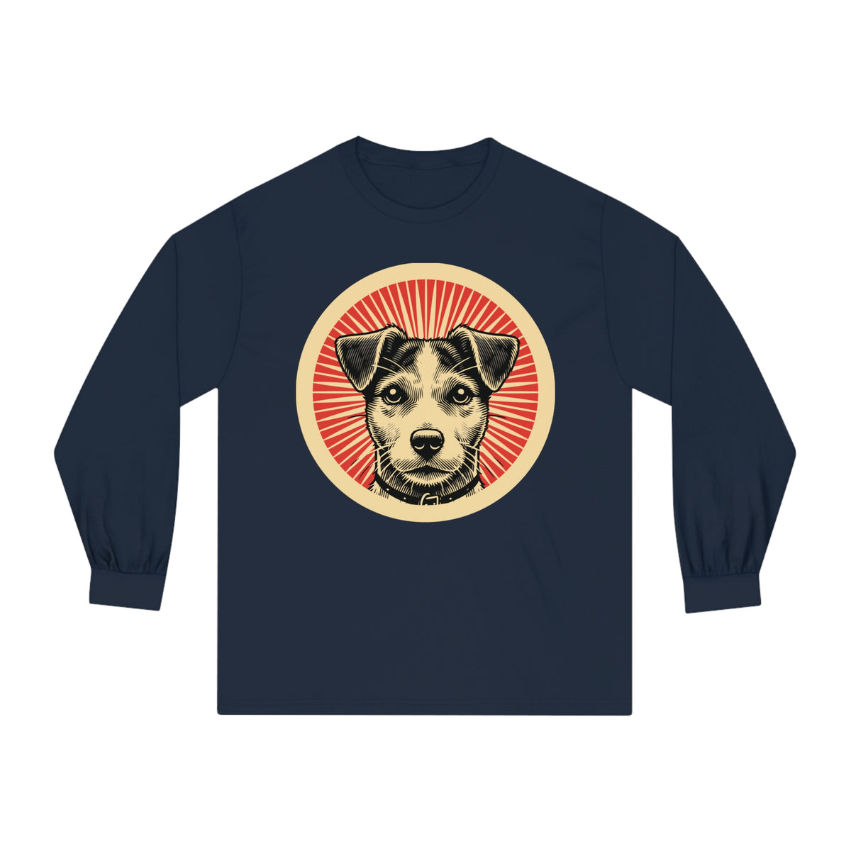 Jack Russell Terrier badge art in a ring of red rays on a long-sleeve tee