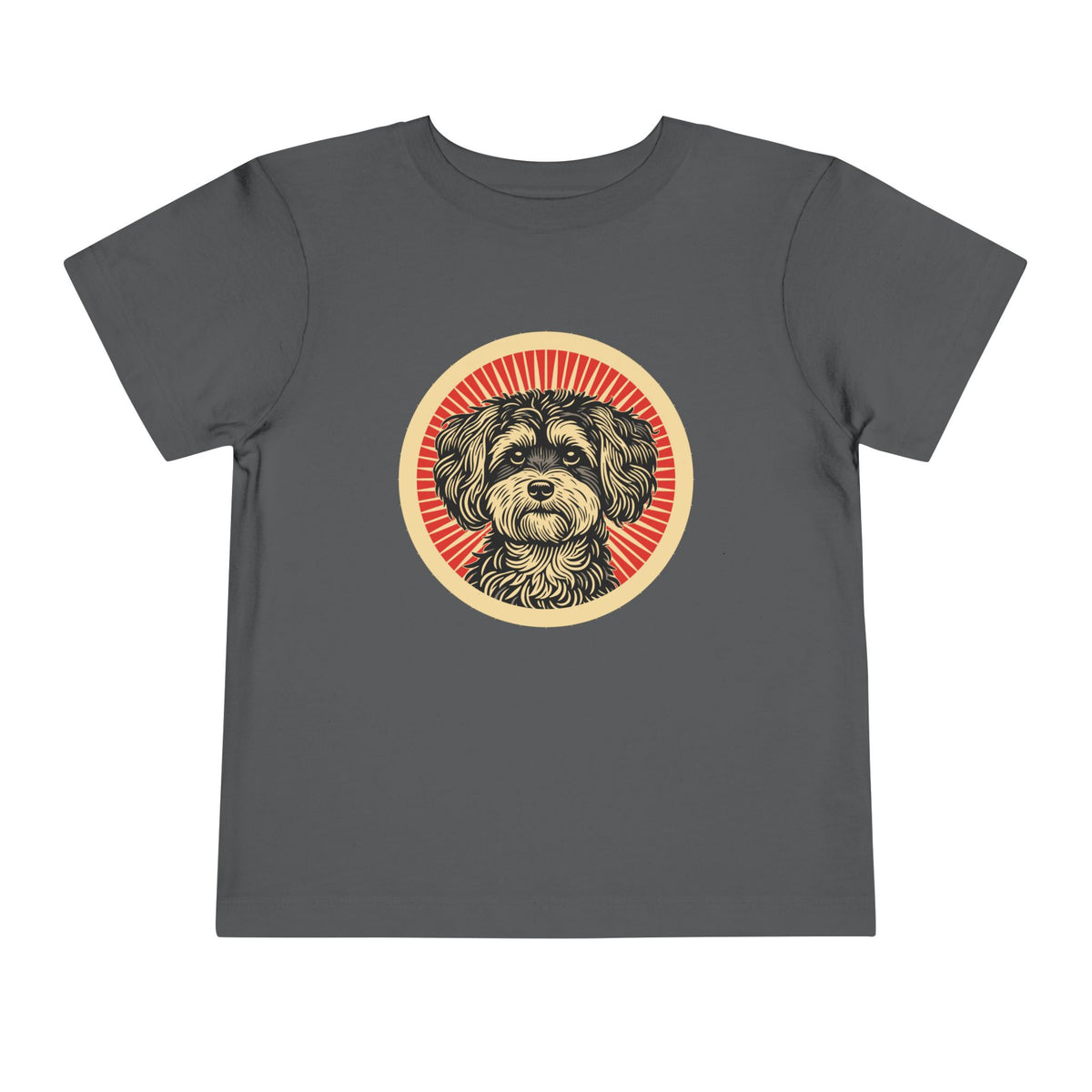 Maltipoo badge art in a ring of red rays on a toddler tee