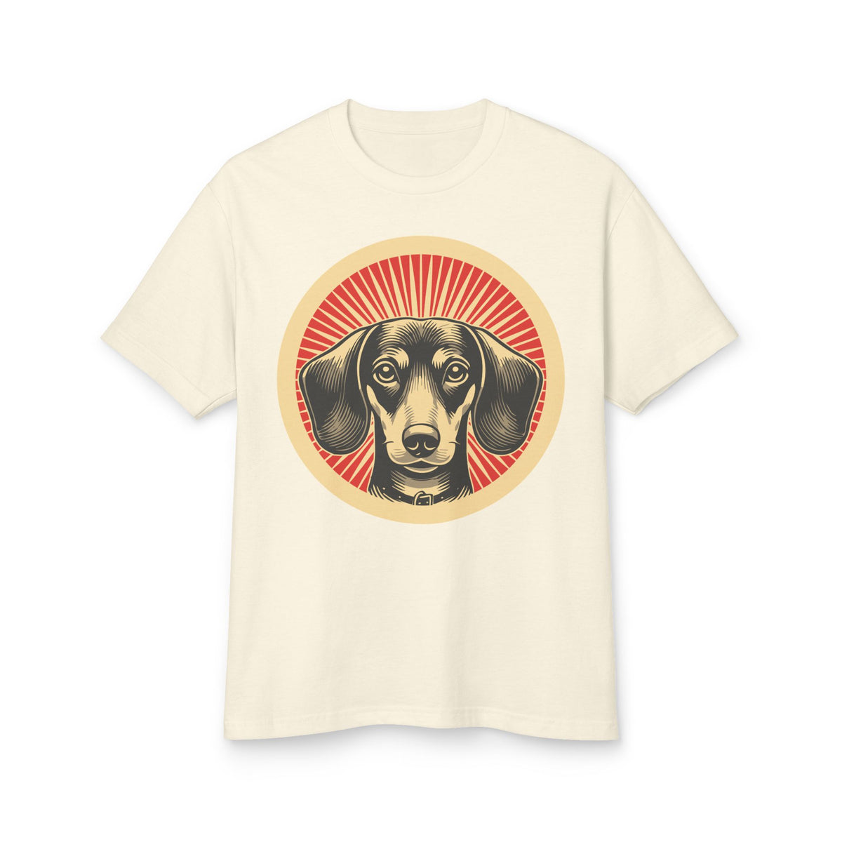 Dachshund badge art in a ring of red rays on a heavyweight tee
