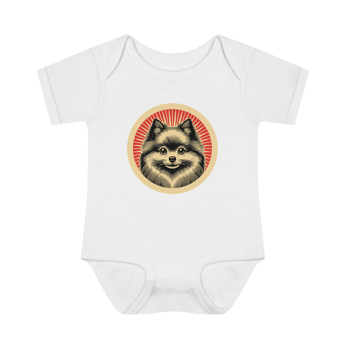 Pomeranian badge art in a ring of red rays on a baby bodysuit