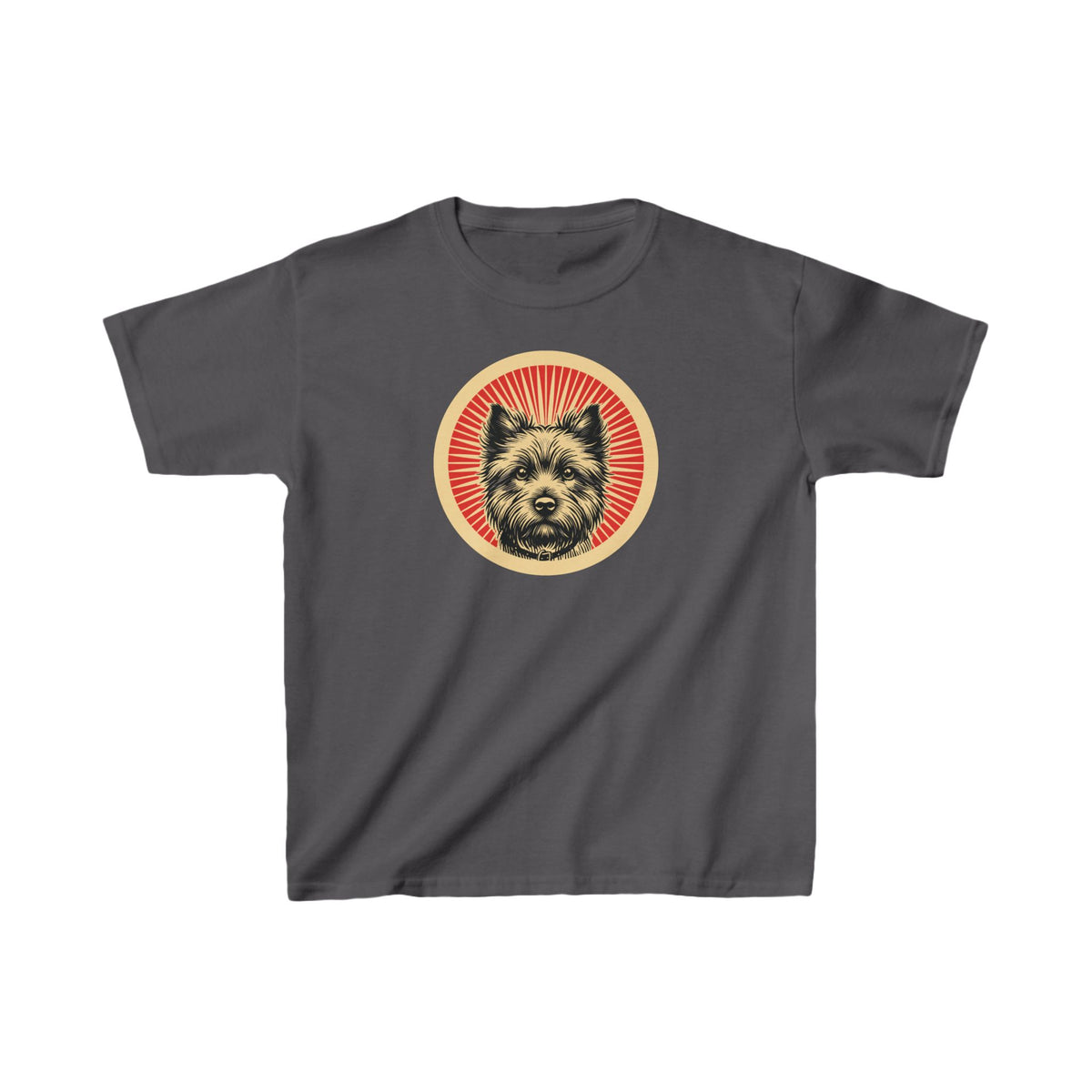 Cairn Terrier badge art in a ring of red rays on a kids' tee