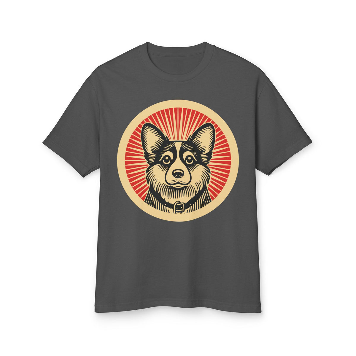 Corgipoo badge art in a ring of red rays on a heavyweight tee
