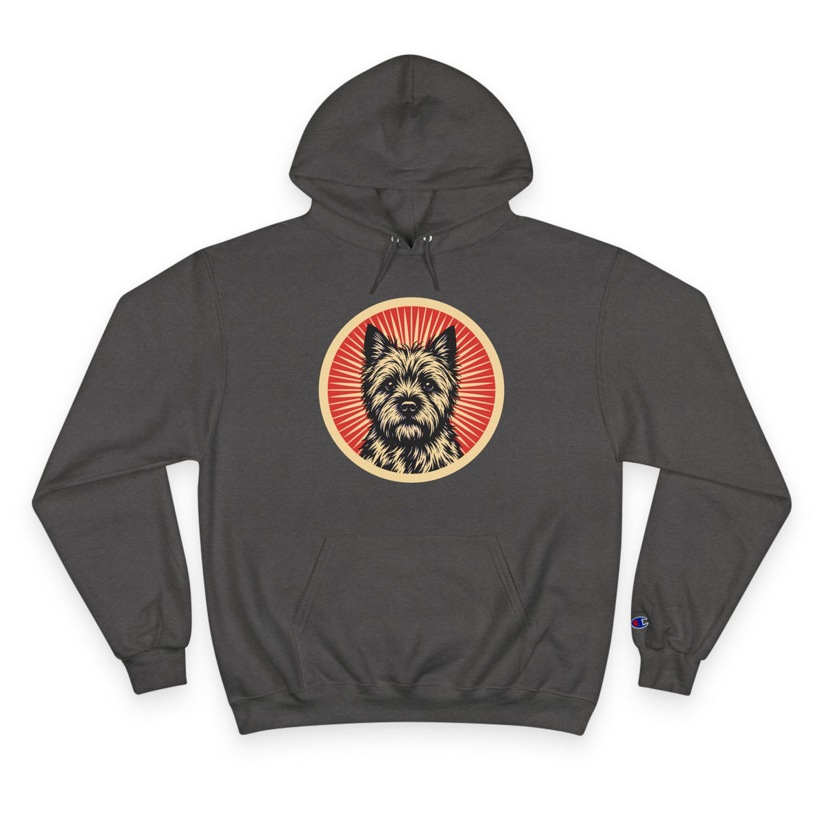 Cairn Terrier badge art in a ring of red rays on a champion hoodie