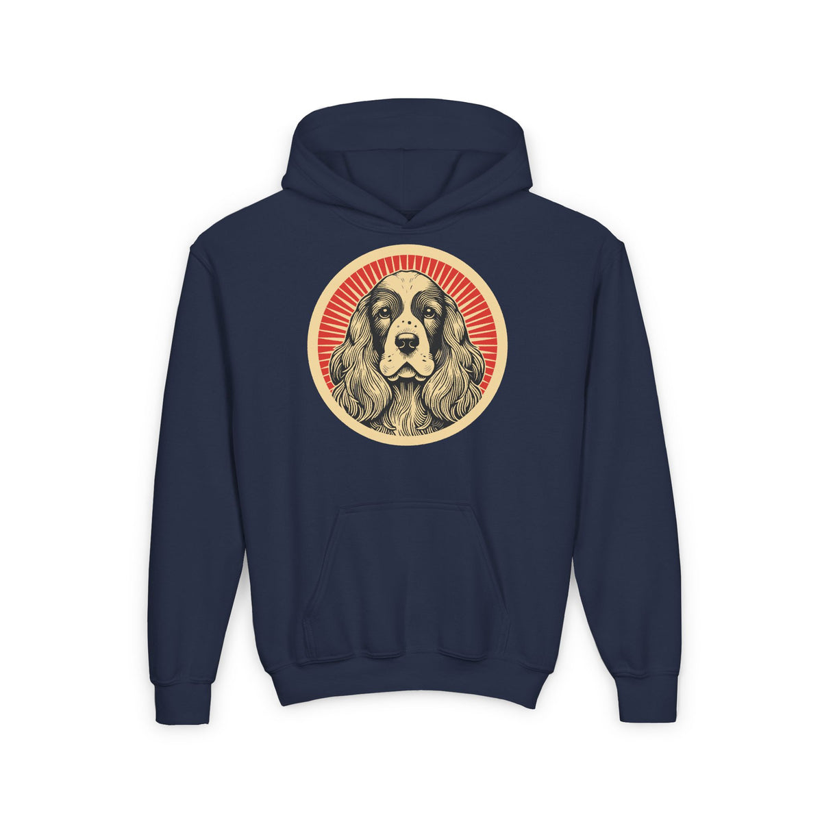 English Cocker Spaniel badge art in a ring of red rays on a kids' hoodie