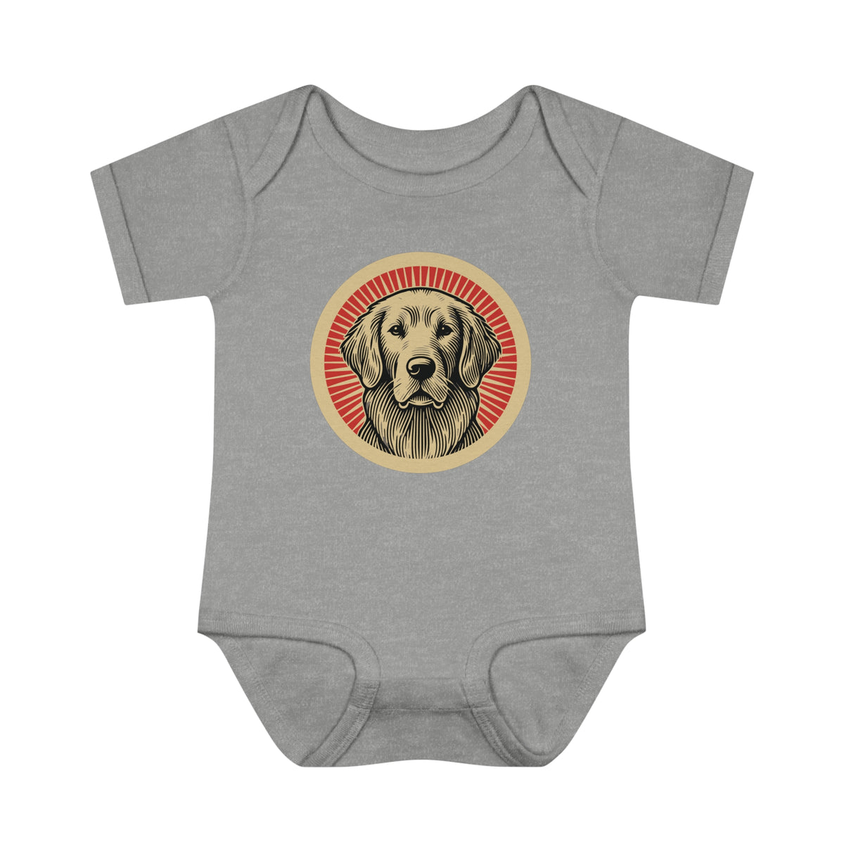 Golden Retriever badge art in a ring of red rays on a baby bodysuit