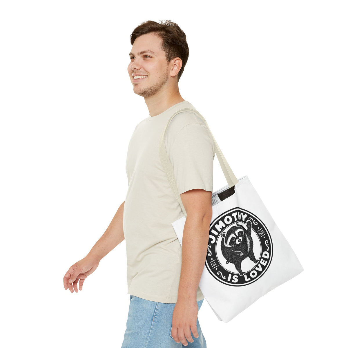 Personalized Raccoon Tote — "Jimothy Is Loved" Graphic Tote Bag