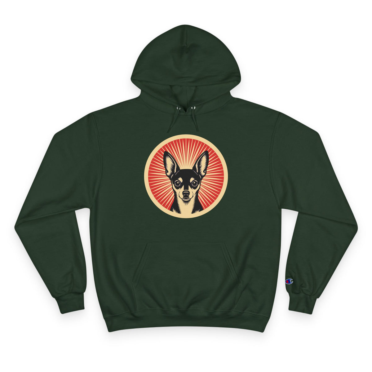 Toy Fox Terrier badge art in a ring of red rays on a champion hoodie