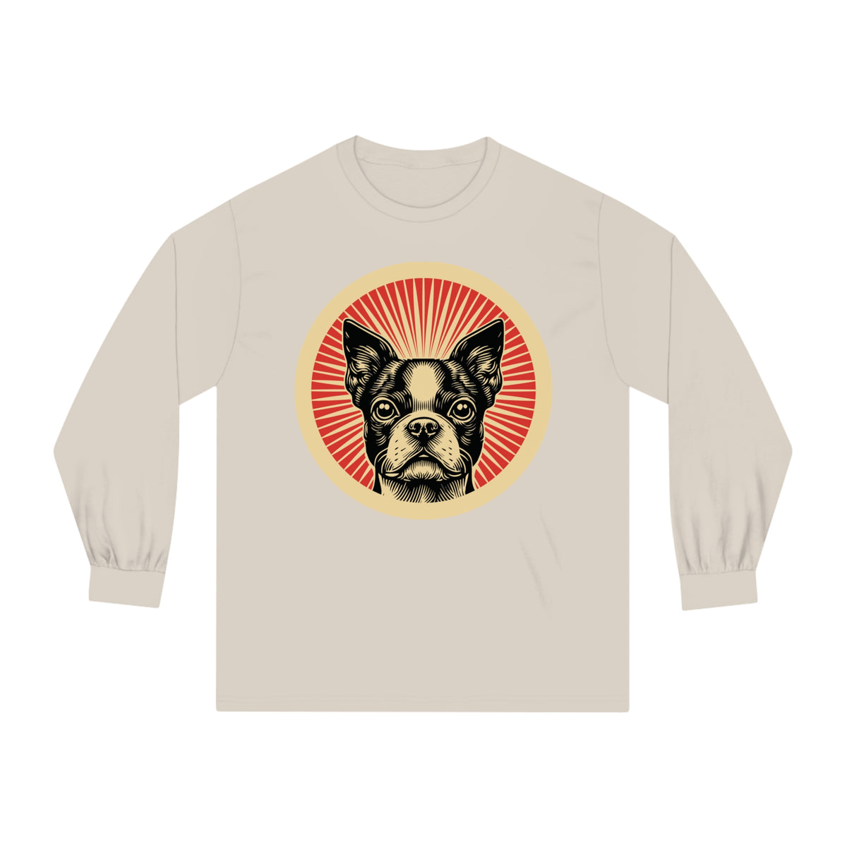 Boston Terrier badge art in a ring of red rays on a long-sleeve tee