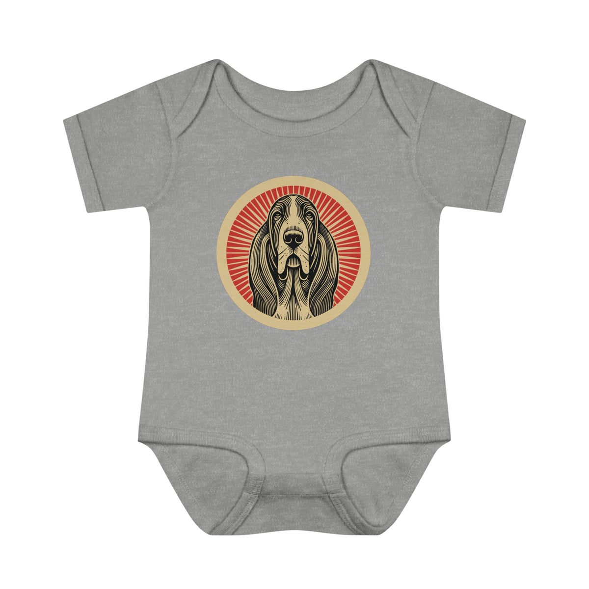 Basset Hound badge art in a ring of red rays on a baby bodysuit